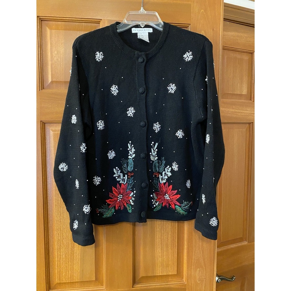 Vtg Ugly Christmas Cardigan Sweater Women's Medium 90's Poinsettias Grandma
